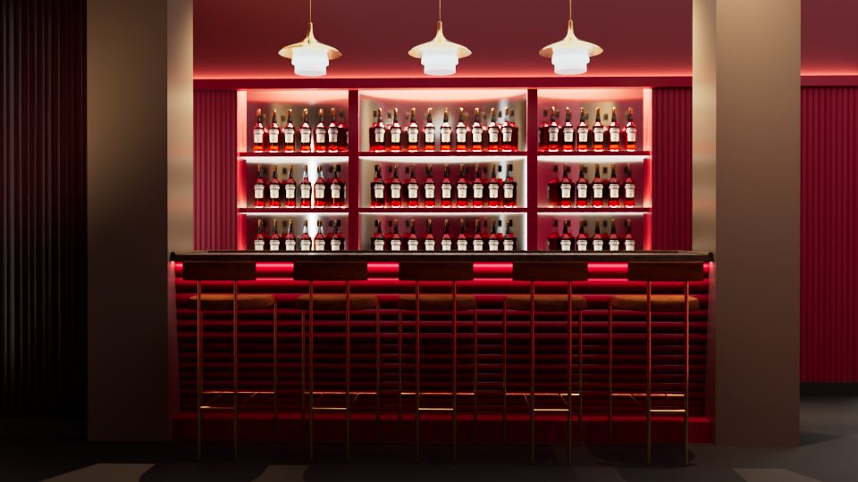 Design render — the bar from the front, shelves stocked, pendants lit