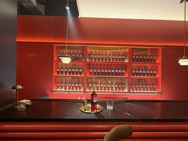 The finished bar from a second angle, fully dressed